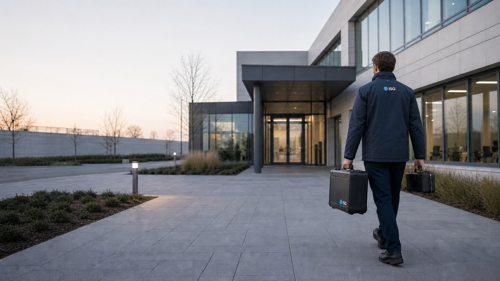 ISG-Techniker mit Servicejacke und Werkzeugkoffern vor einem neutralen Gebäude