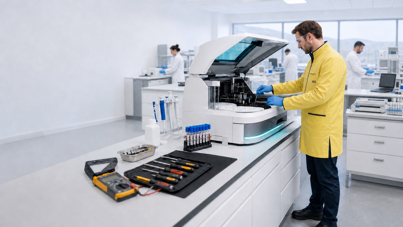 ISG-Techniker im gelben Laborkittel bei Servicearbeiten an einem neutralen Analysegerät