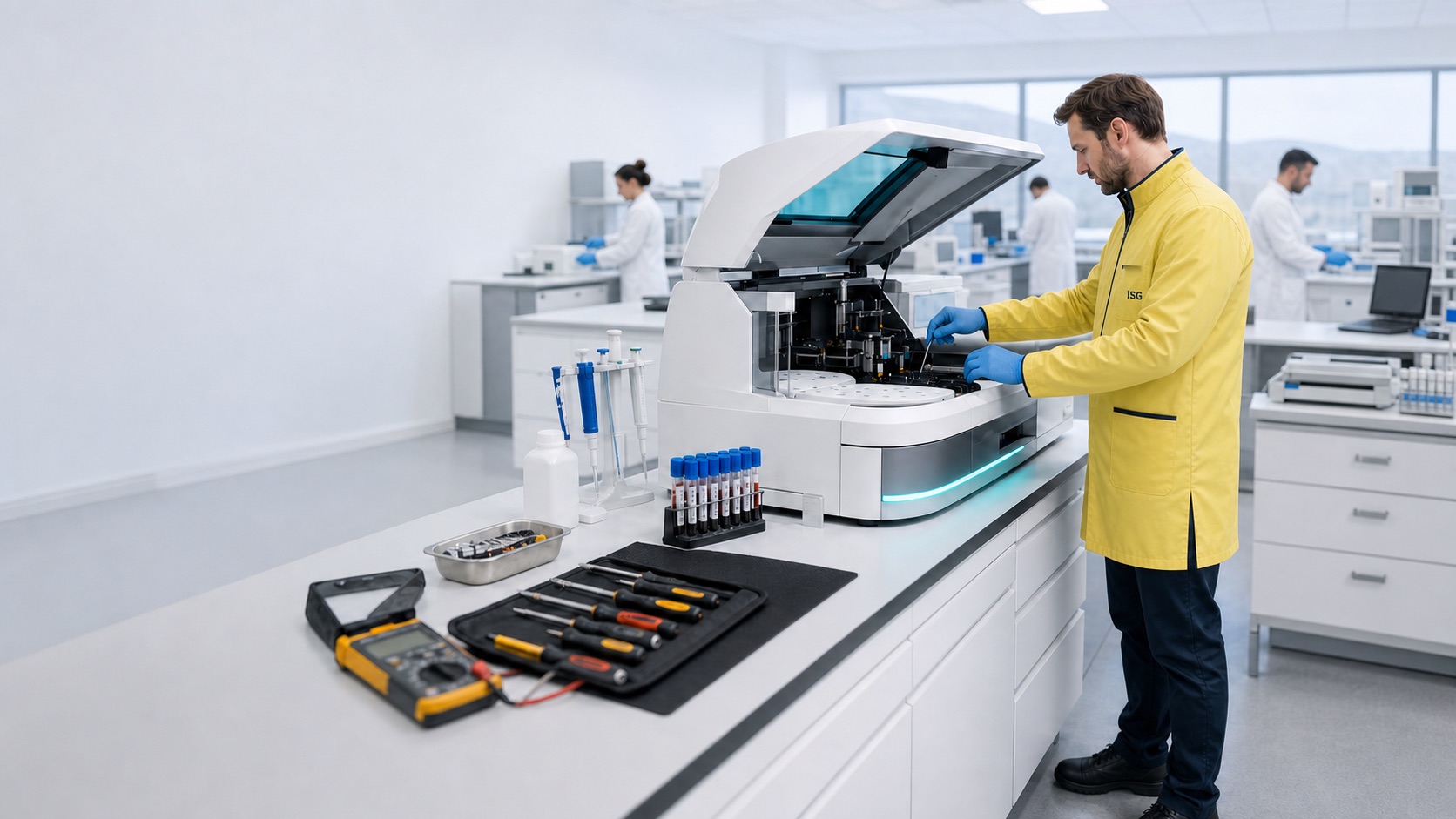 ISG-Techniker im gelben Laborkittel bei Servicearbeiten an einem neutralen Analysegerät